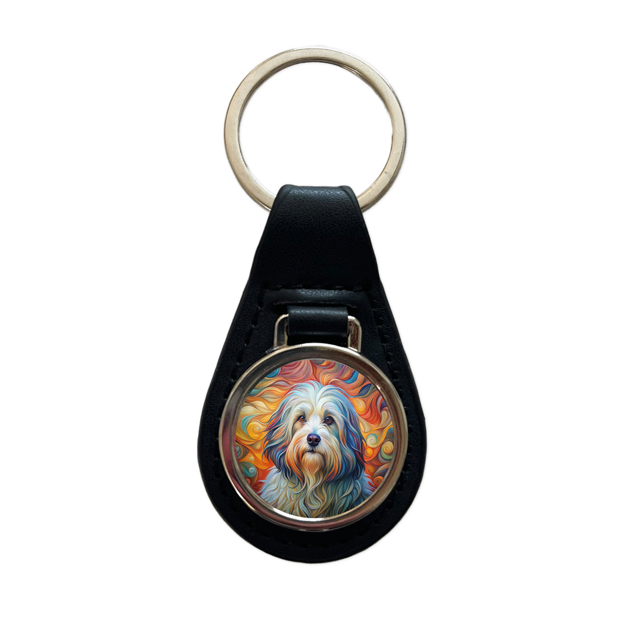 Havanese Dog Abstract Art Black Leather Metal Keychain