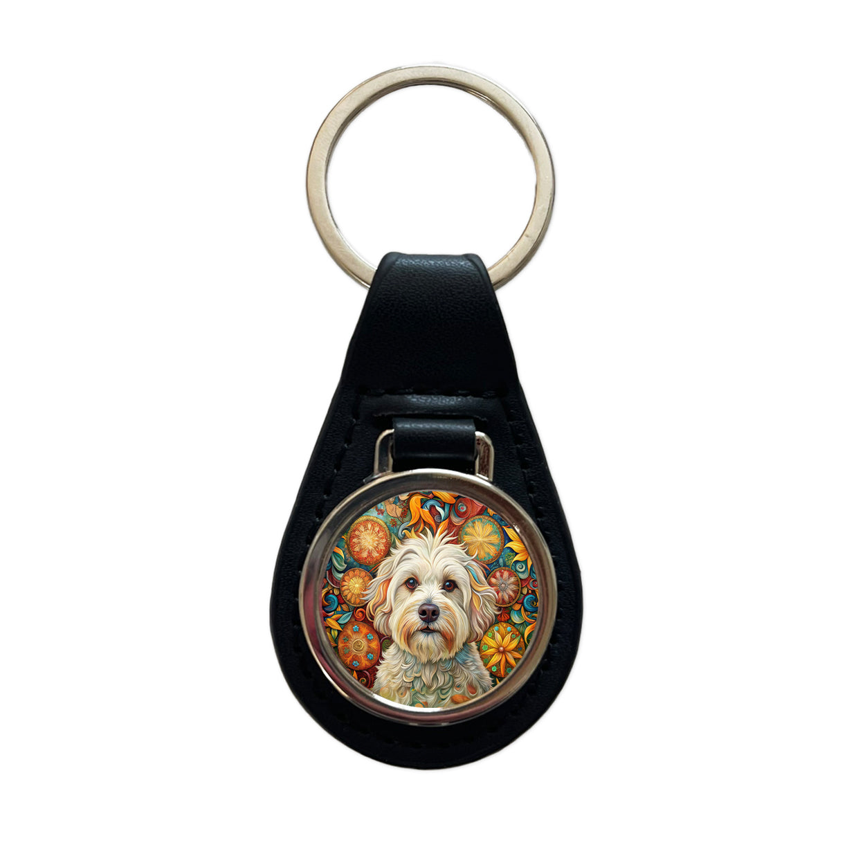 Havanese Dog Bohemian Art Black Leather Metal Keychain