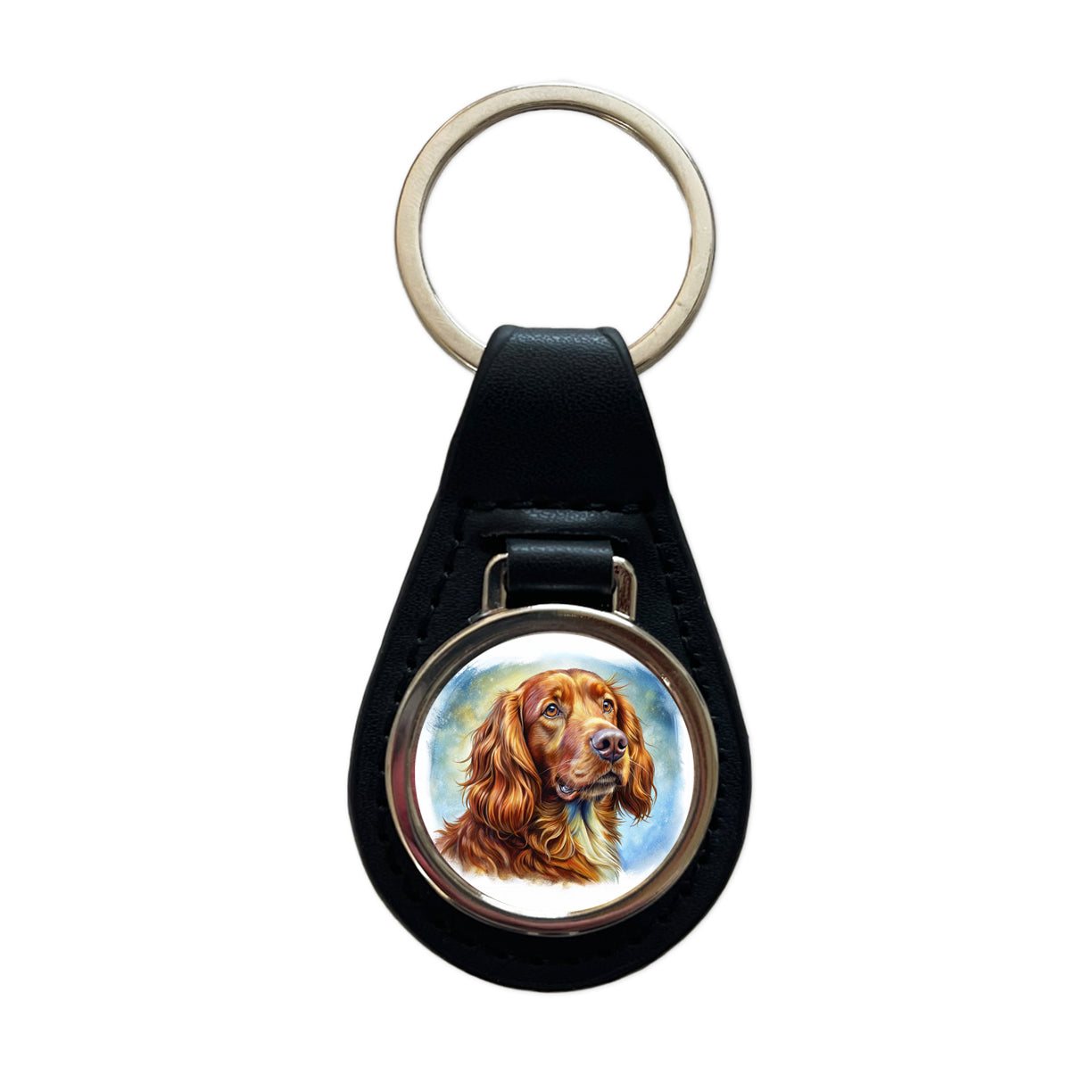 Irish Setter Dog Illustration Black Leather Metal Keychain