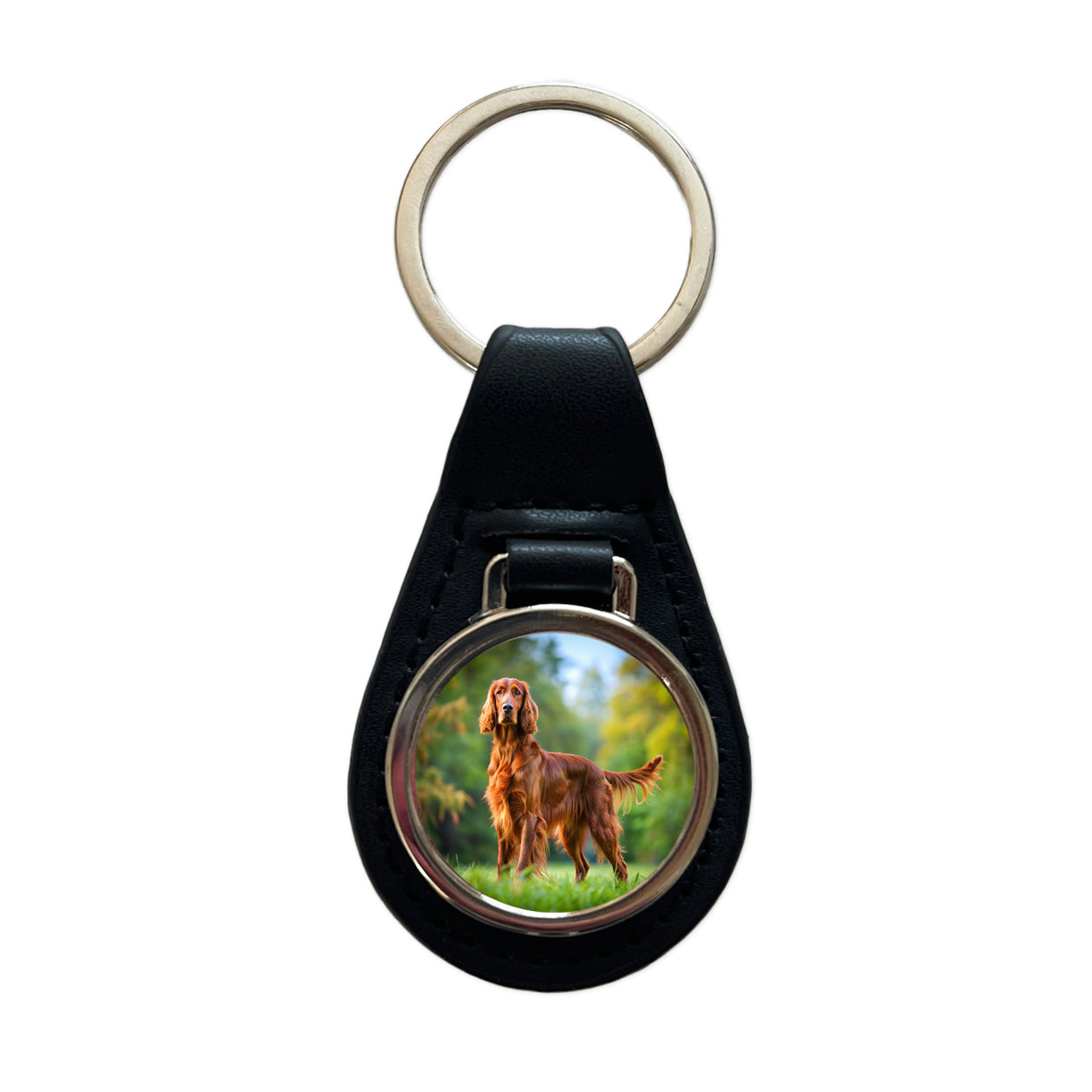 Irish Setter Dog Photo Black Leather Metal Keychain