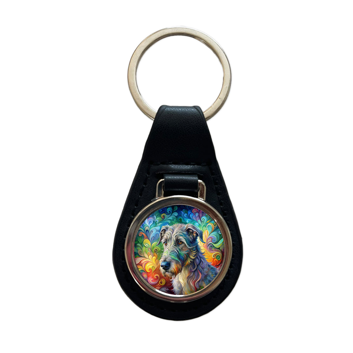 Irish Wolfhound Dog Abstract Art Black Leather Metal Keychain