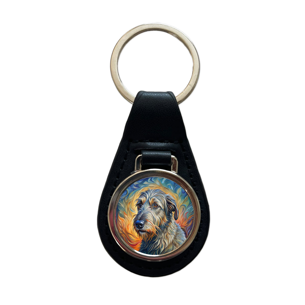Irish Wolfhound Dog Expressionism Art Black Leather Metal Keychain