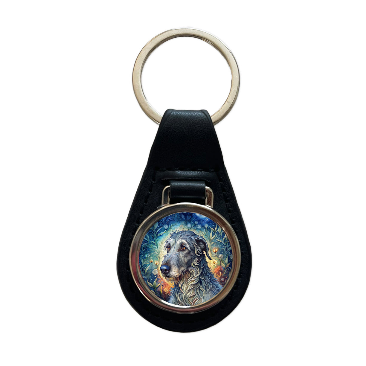 Irish Wolfhound Dog French Bohemian Art Black Leather Metal Keychain
