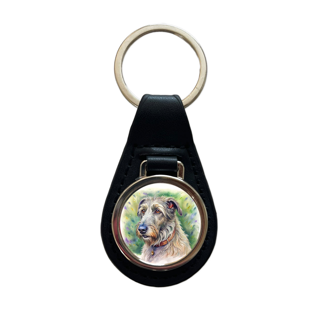 Irish Wolfhound Dog Illustration Black Leather Metal Keychain