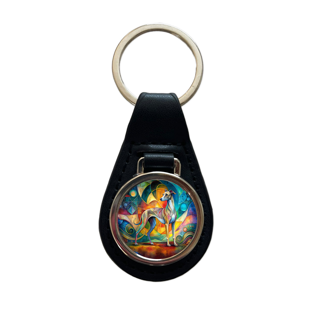 Italian Greyhound Dog Abstract Art Black Leather Metal Keychain