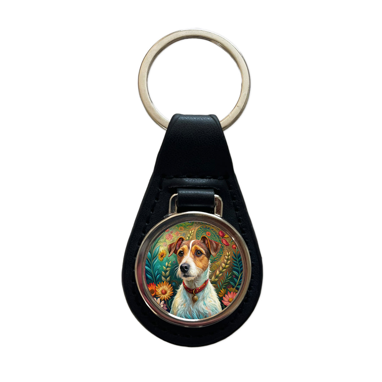 Jack Russell Terrier Dog French Bohemian Art Black Leather Metal Keychain