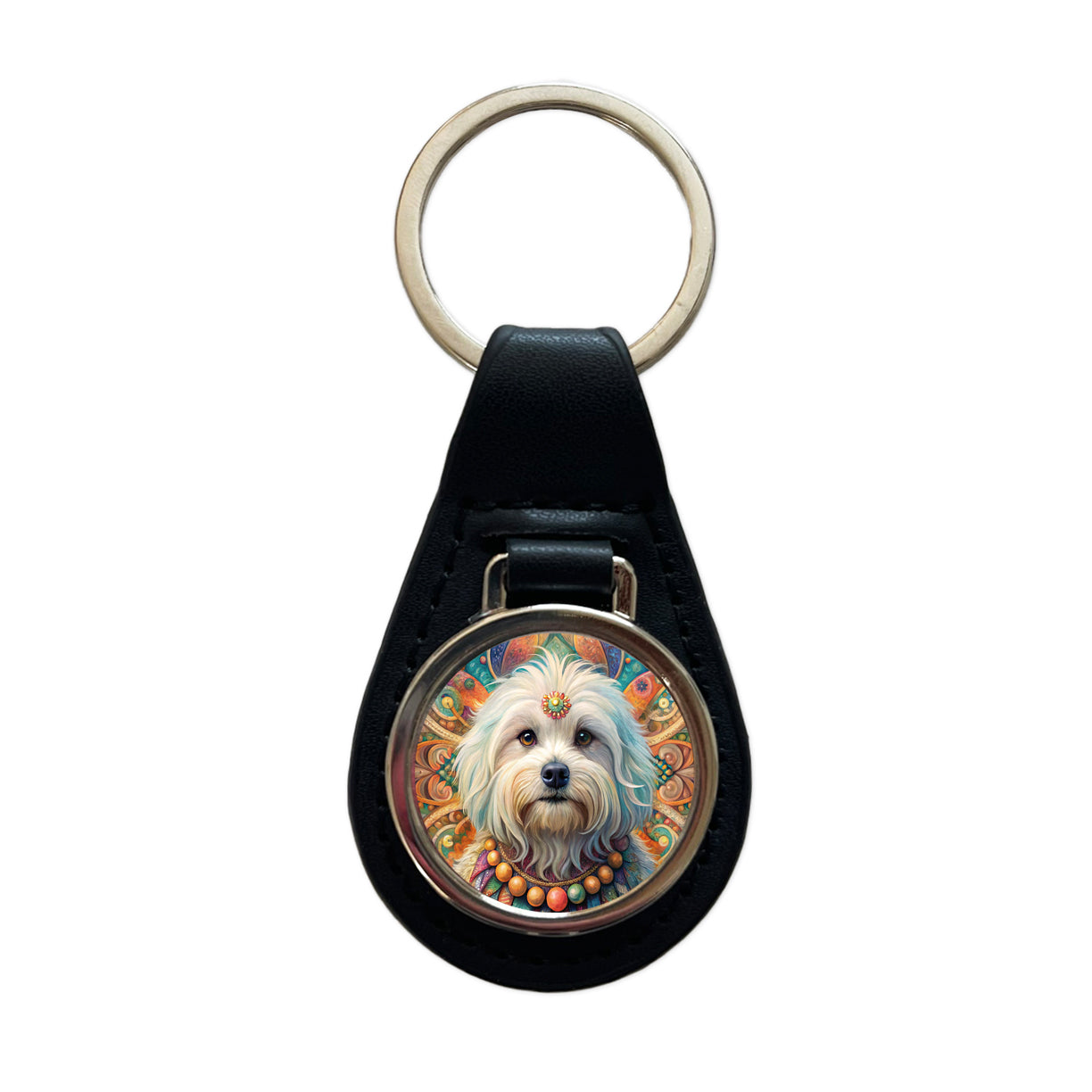 Maltese Dog Bohemian Art Black Leather Metal Keychain