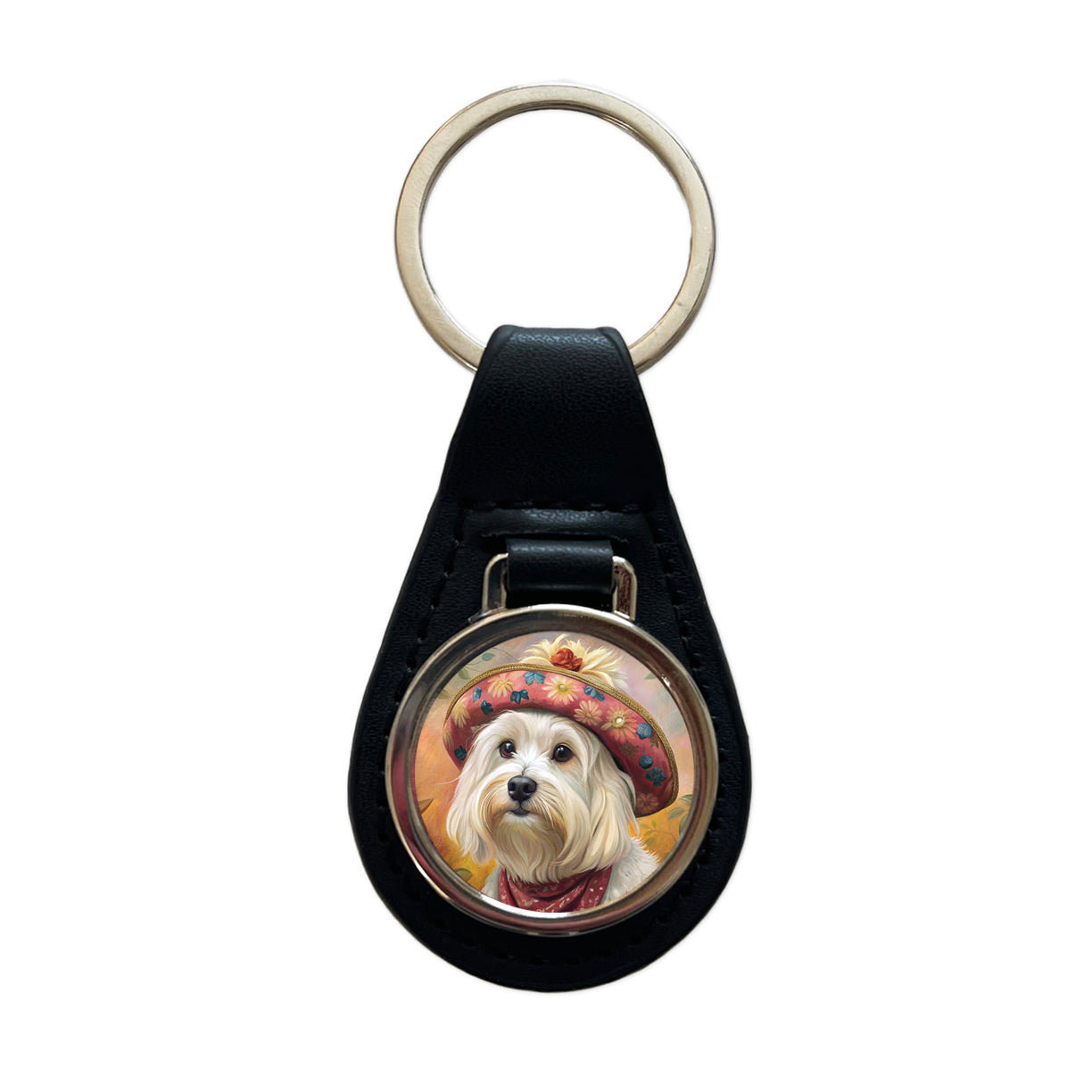 Maltese Dog French Bohemian Art Black Leather Metal Keychain