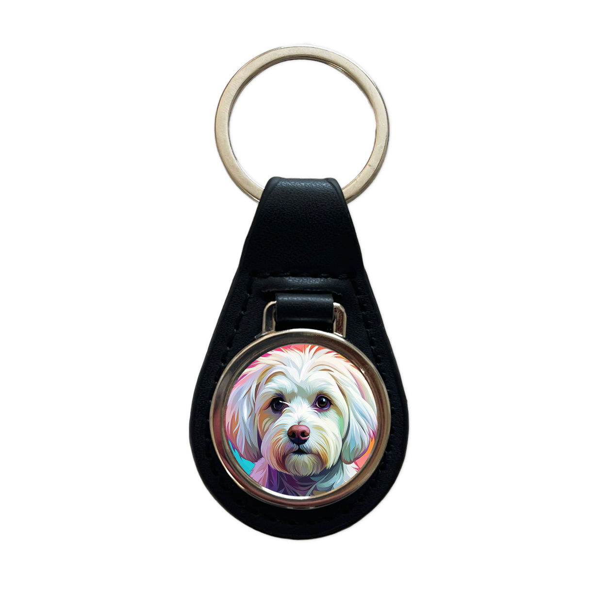 Maltese Dog Pop Art Black Leather Metal Keychain