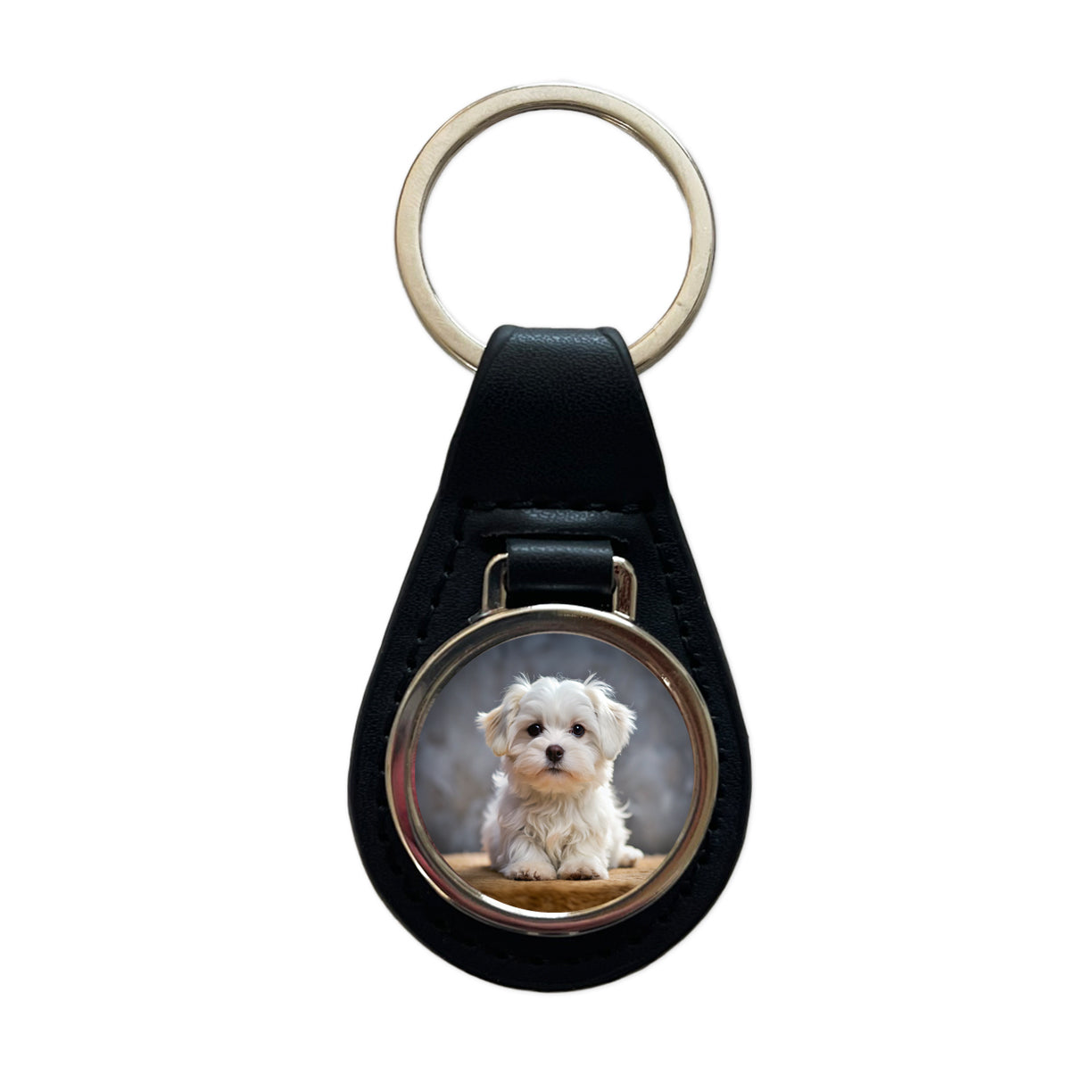 Maltese Dog Puppy Photo Black Leather Metal Keychain