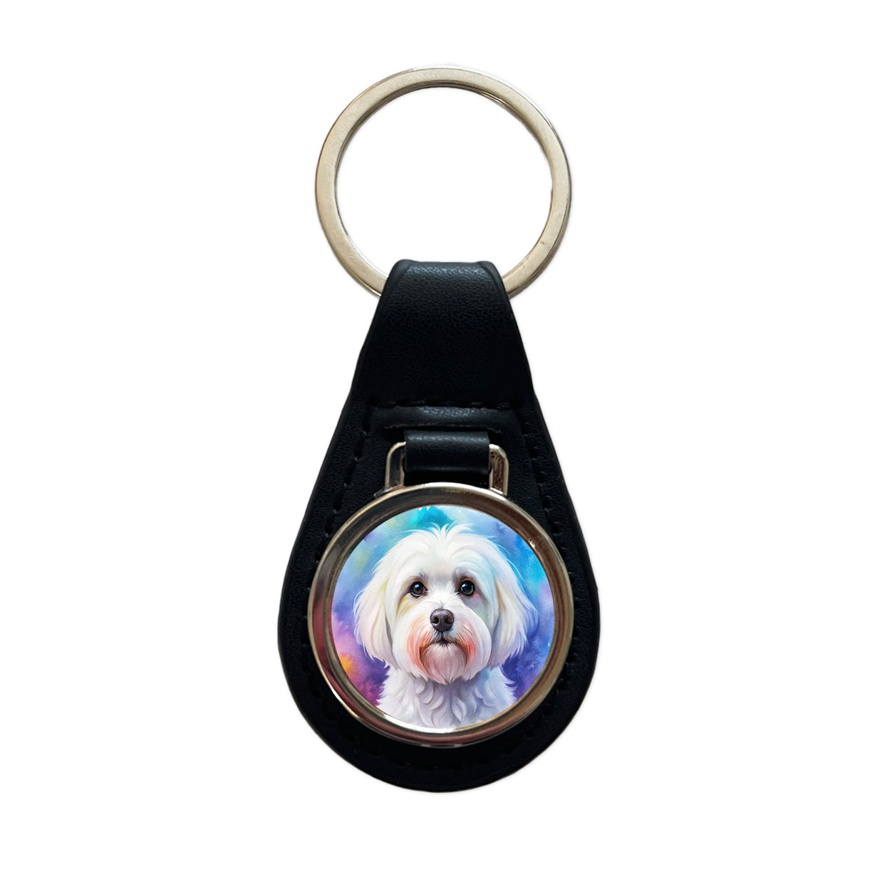 Maltese Dog Watercolor Style Black Leather Metal Keychain
