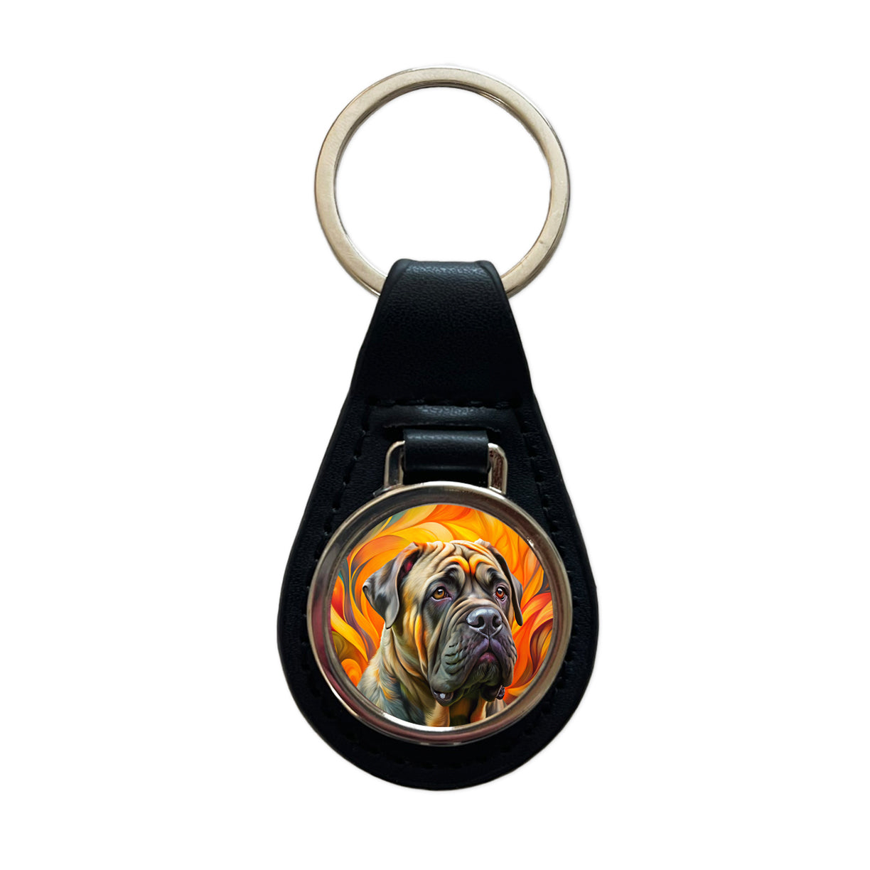Mastiff Dog Abstract Art Black Leather Metal Keychain