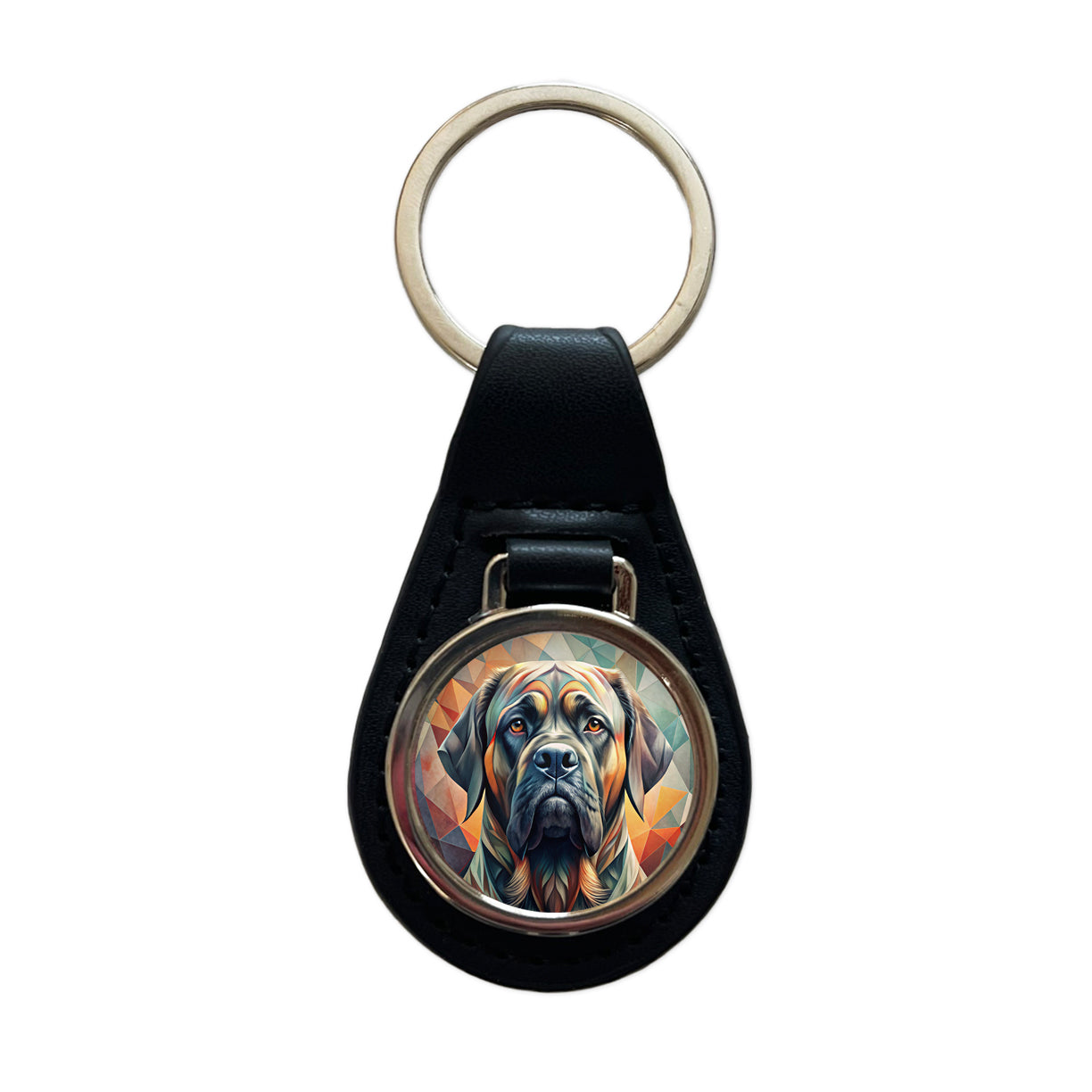 Mastiff Dog Abstract Stylized Art Black Leather Metal Keychain