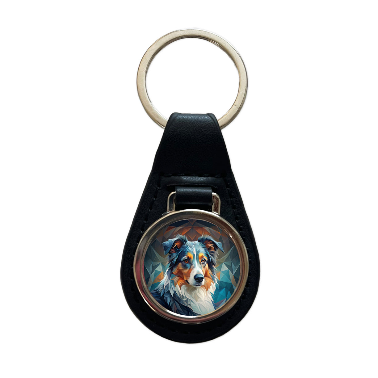 Miniature American Shepherd Dog Abstract Stylized Art Black Leather Metal Keychain