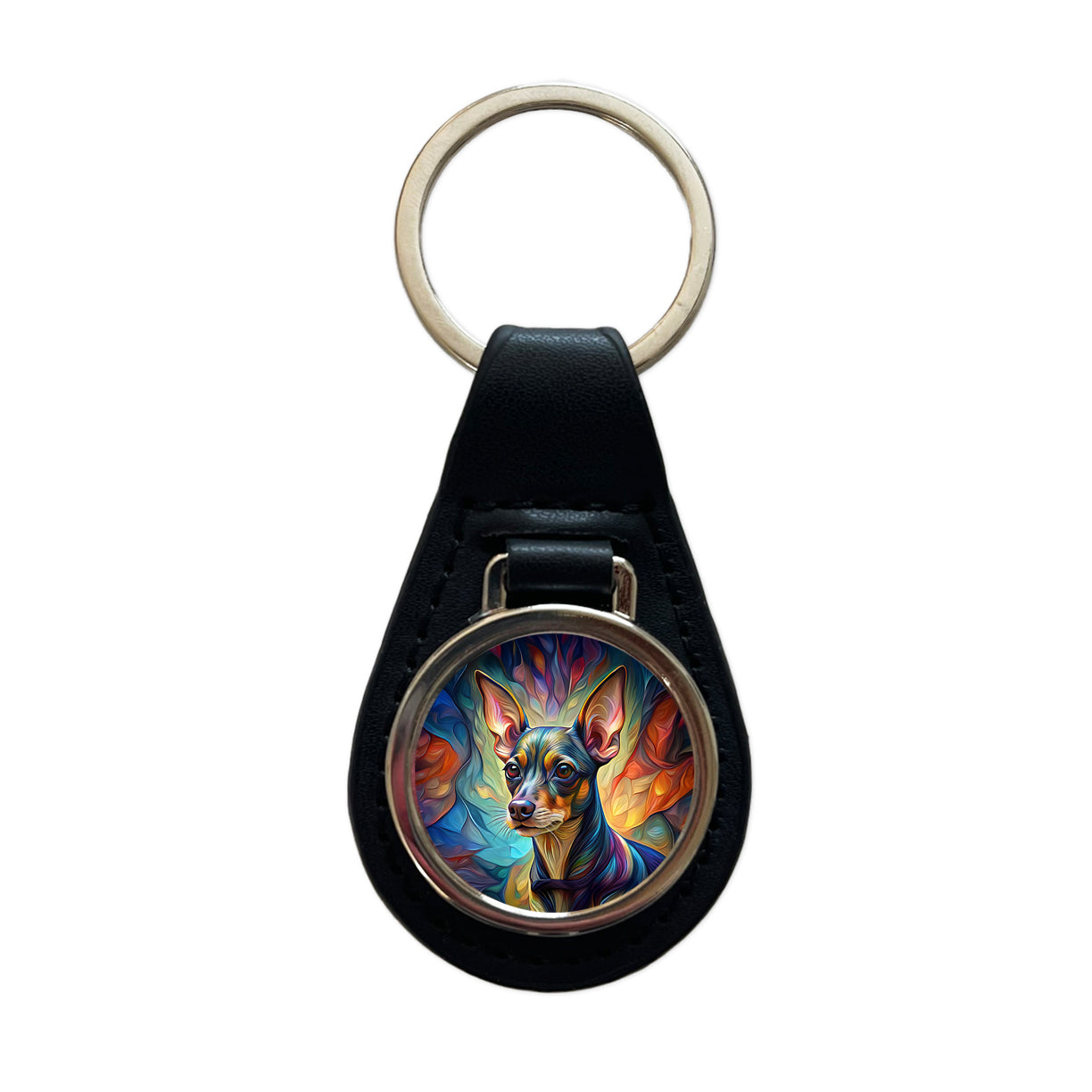 Miniature Pinscher Dog Abstract Stylized Art Black Leather Metal Keychain