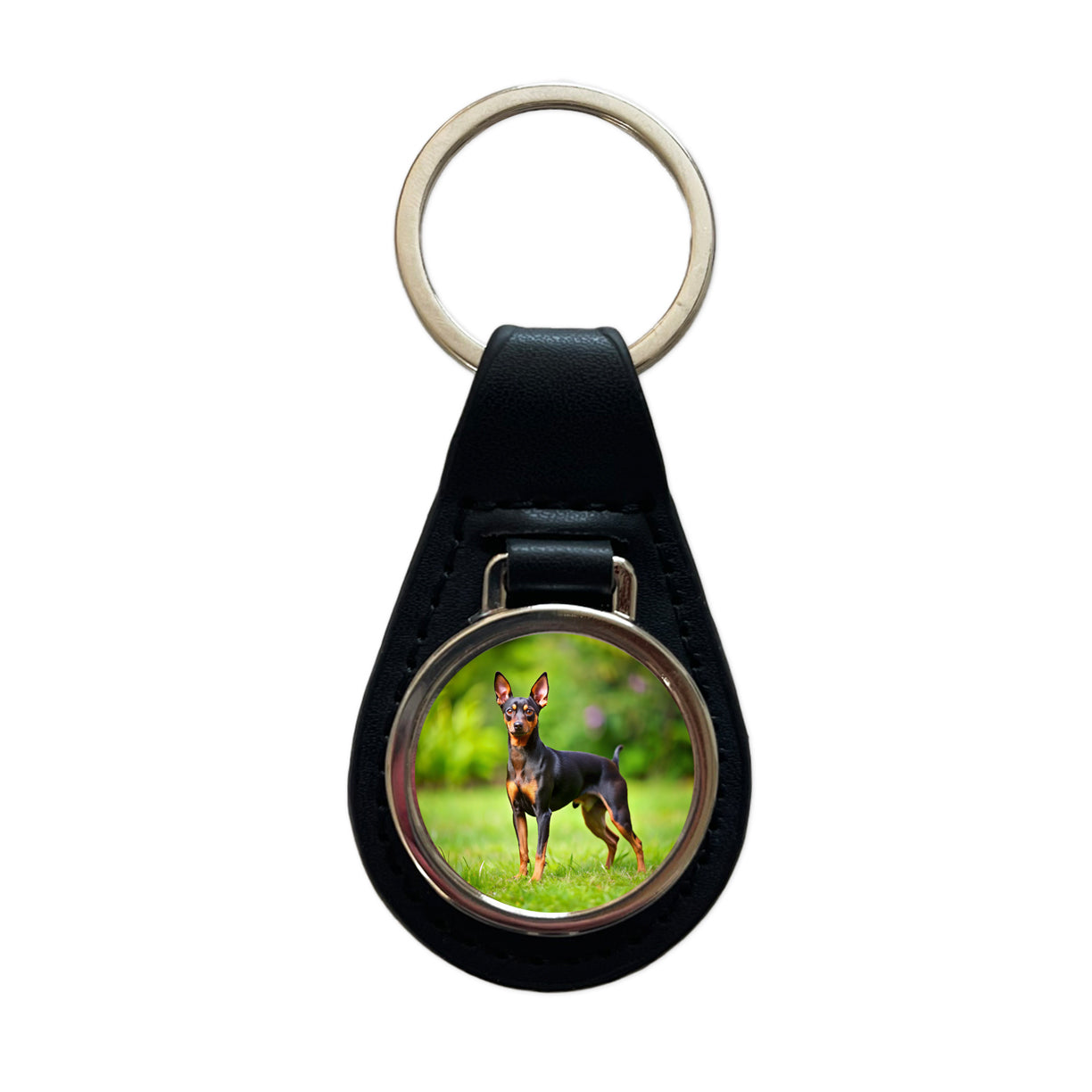 Miniature Pinscher Dog Photo Black Leather Metal Keychain