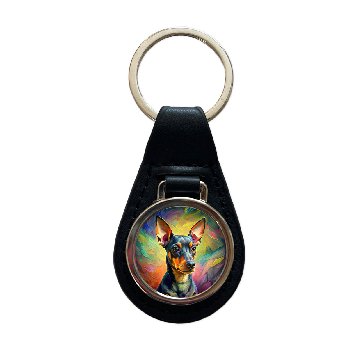 Miniature Pinscher Dog Pop Art Black Leather Metal Keychain