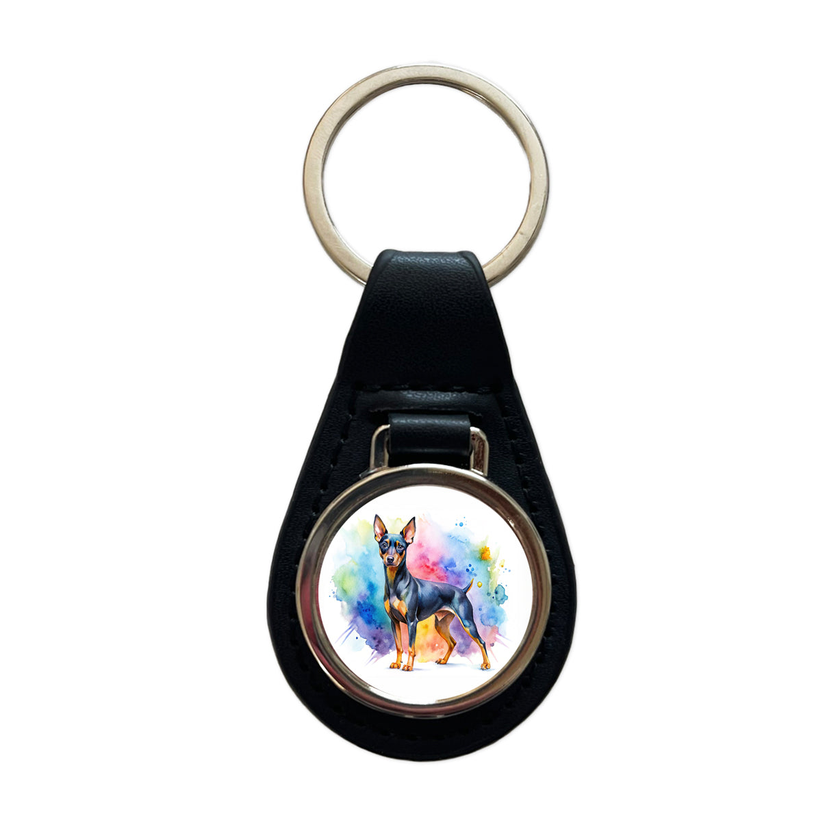 Miniature Pinscher Dog Watercolor Style Black Leather Metal Keychain