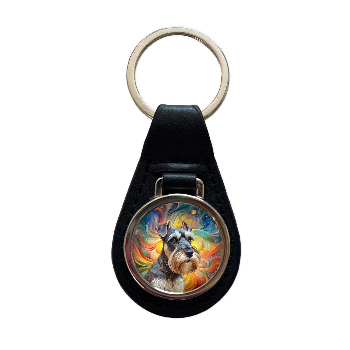 Miniature Schnauzer Dog Abstract Art Black Leather Metal Keychain