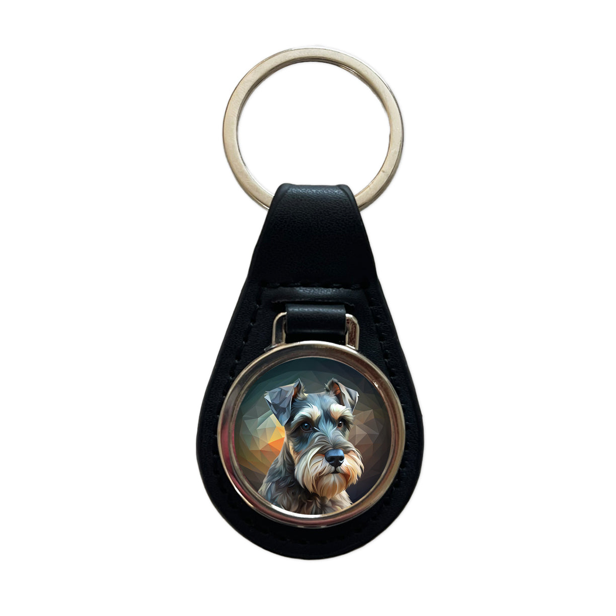 Miniature Schnauzer Dog Abstract Stylized Art Black Leather Metal Keychain