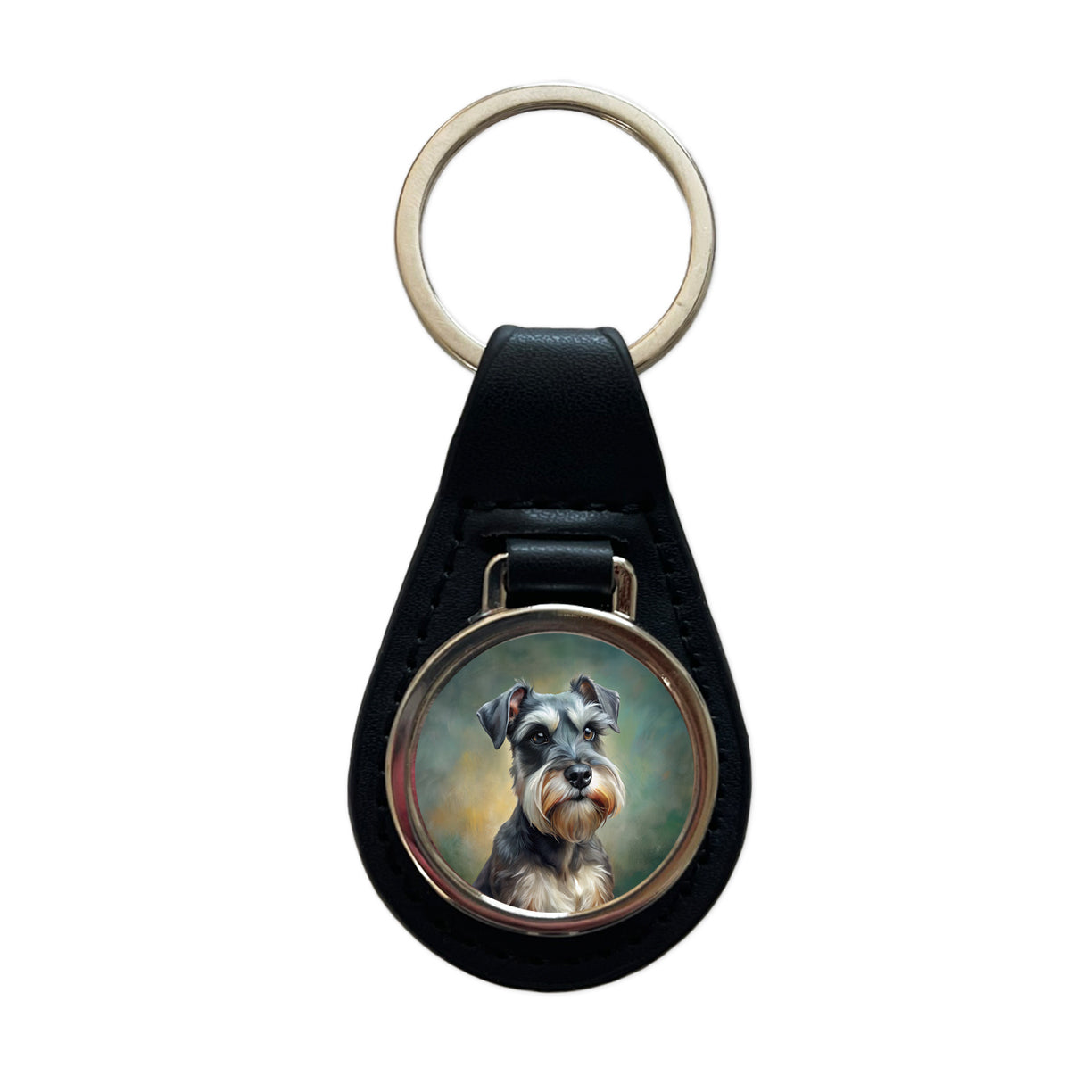 Miniature Schnauzer Dog Illustration Black Leather Metal Keychain