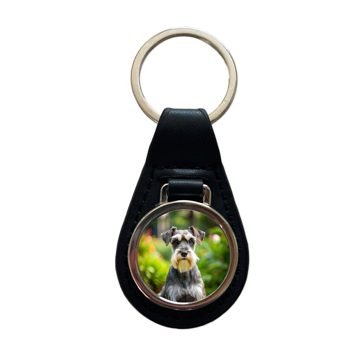 Miniature Schnauzer Dog Photo Black Leather Metal Keychain