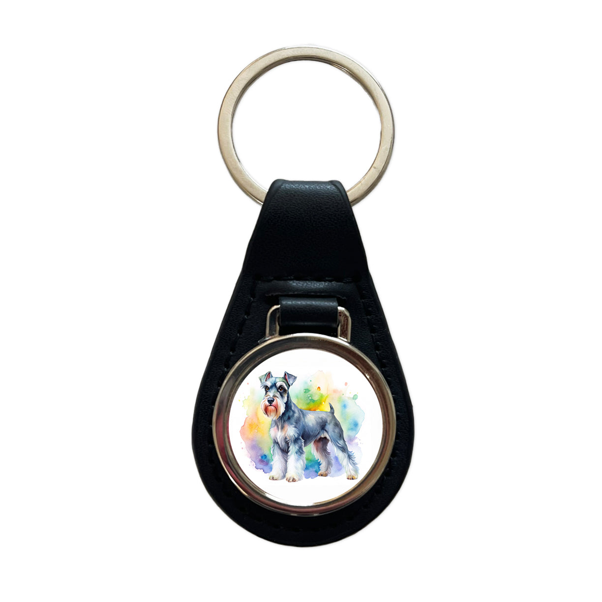 Miniature Schnauzer Dog Watercolor Style Black Leather Metal Keychain