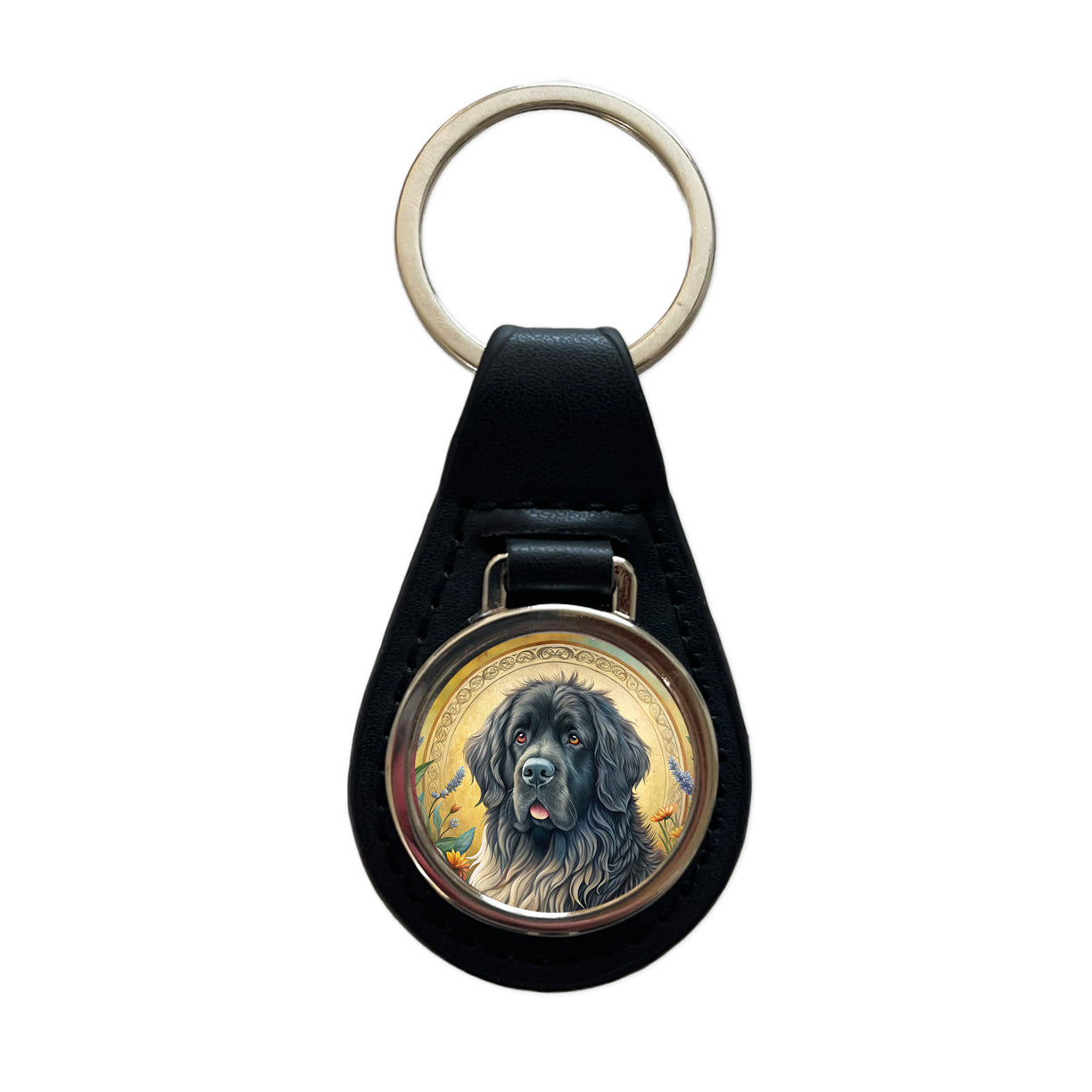 Newfoundland Dog Art Nouveau Black Leather Metal Keychain