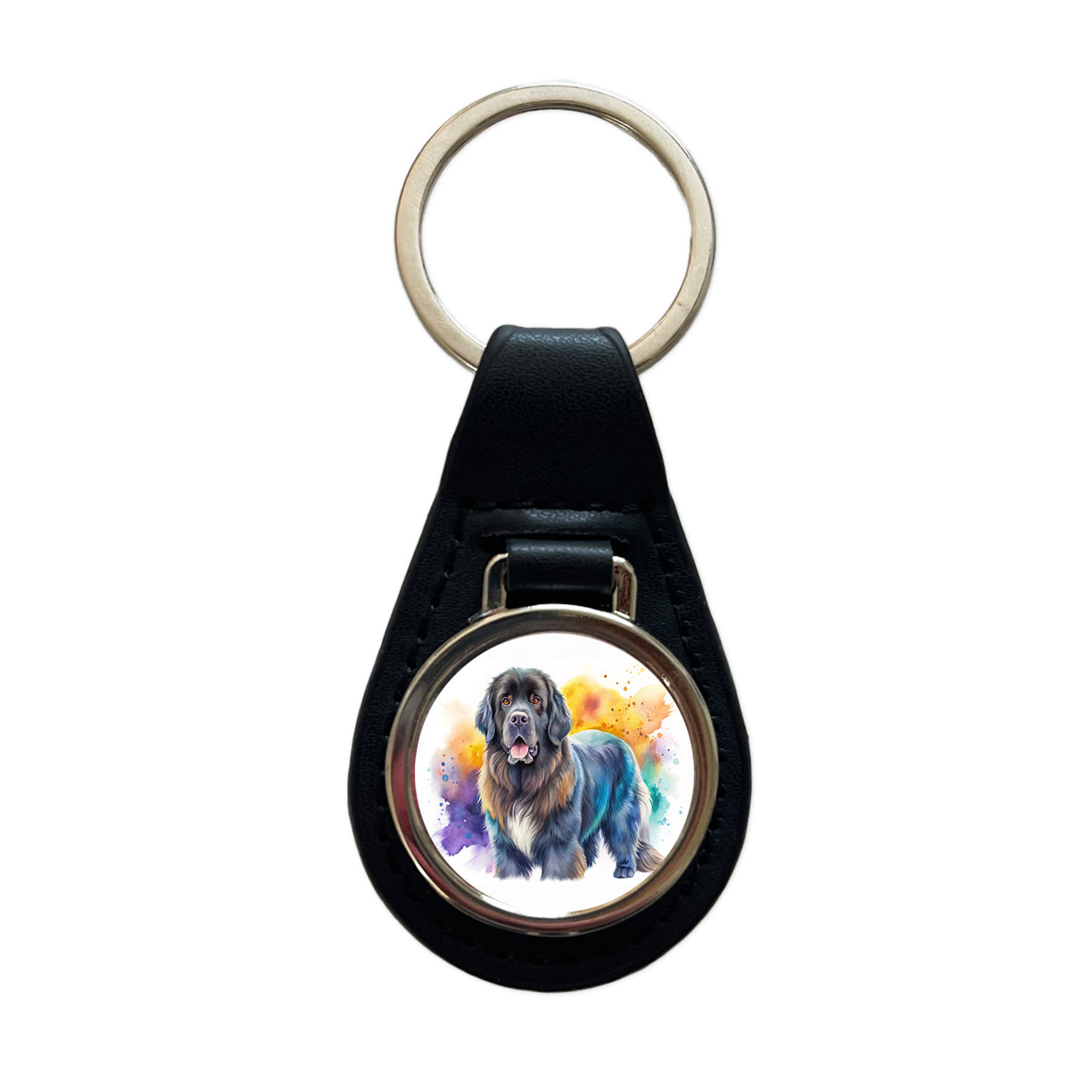 Newfoundland Dog Watercolor Style Black Leather Metal Keychain
