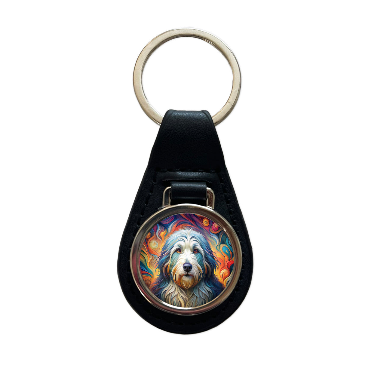 Old English Sheepdog Dog Abstract Art Black Leather Metal Keychain