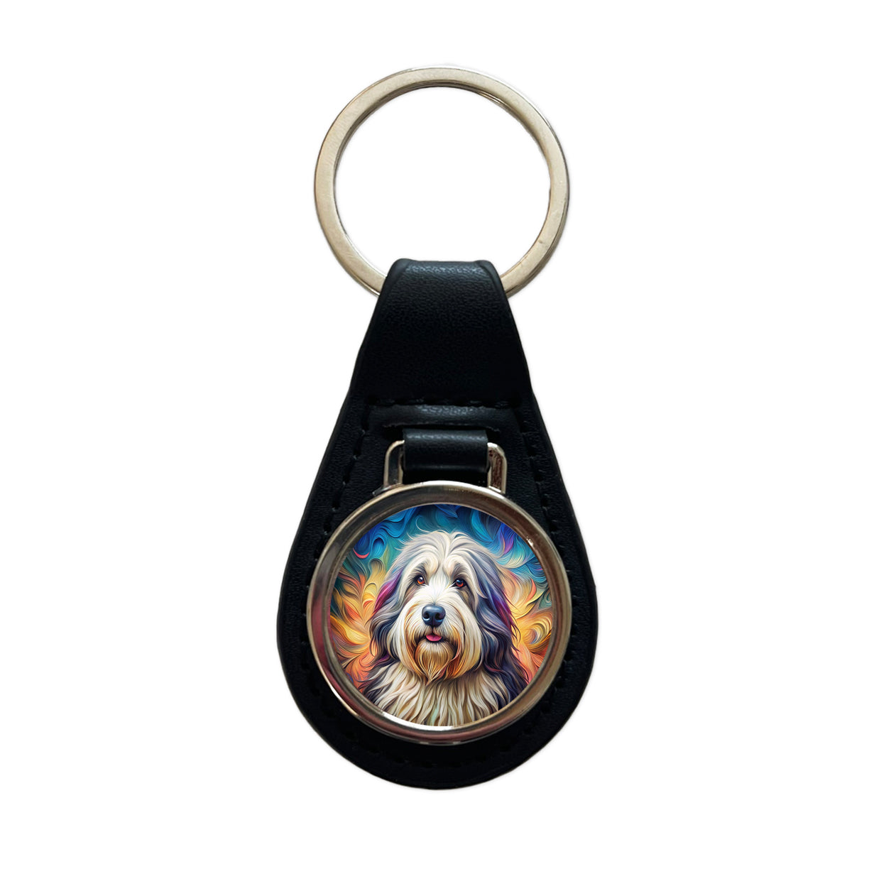 Old English Sheepdog Dog French Bohemian Art Black Leather Metal Keychain