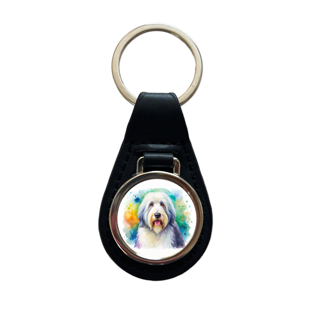 Old English Sheepdog Dog Watercolor Style Black Leather Metal Keychain
