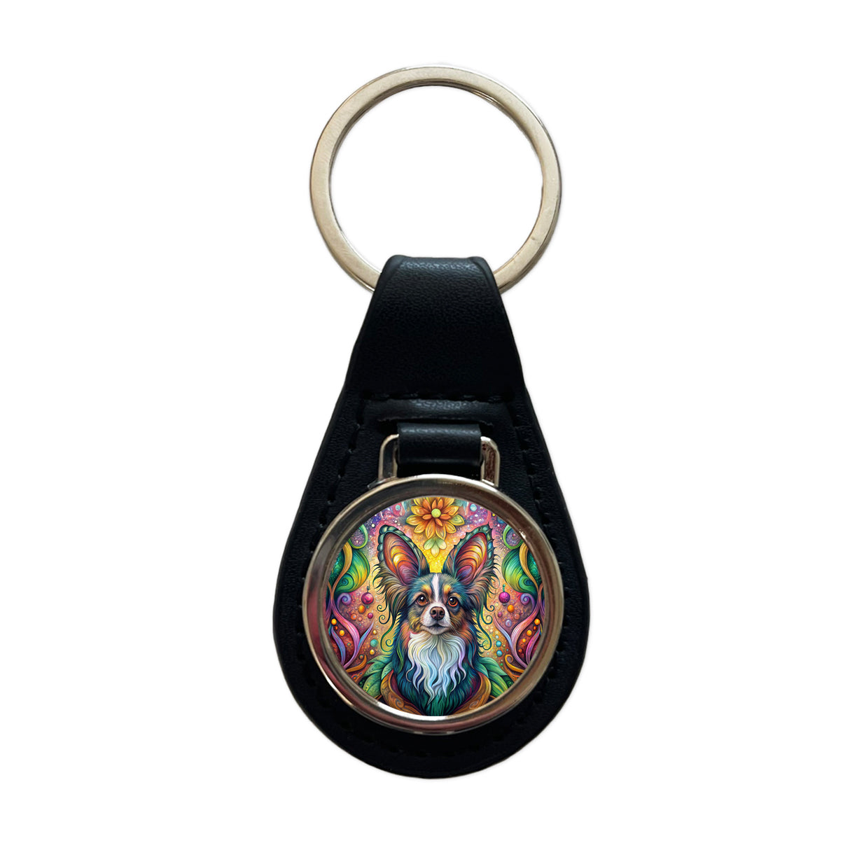Papillion Dog Bohemian Art Black Leather Metal Keychain
