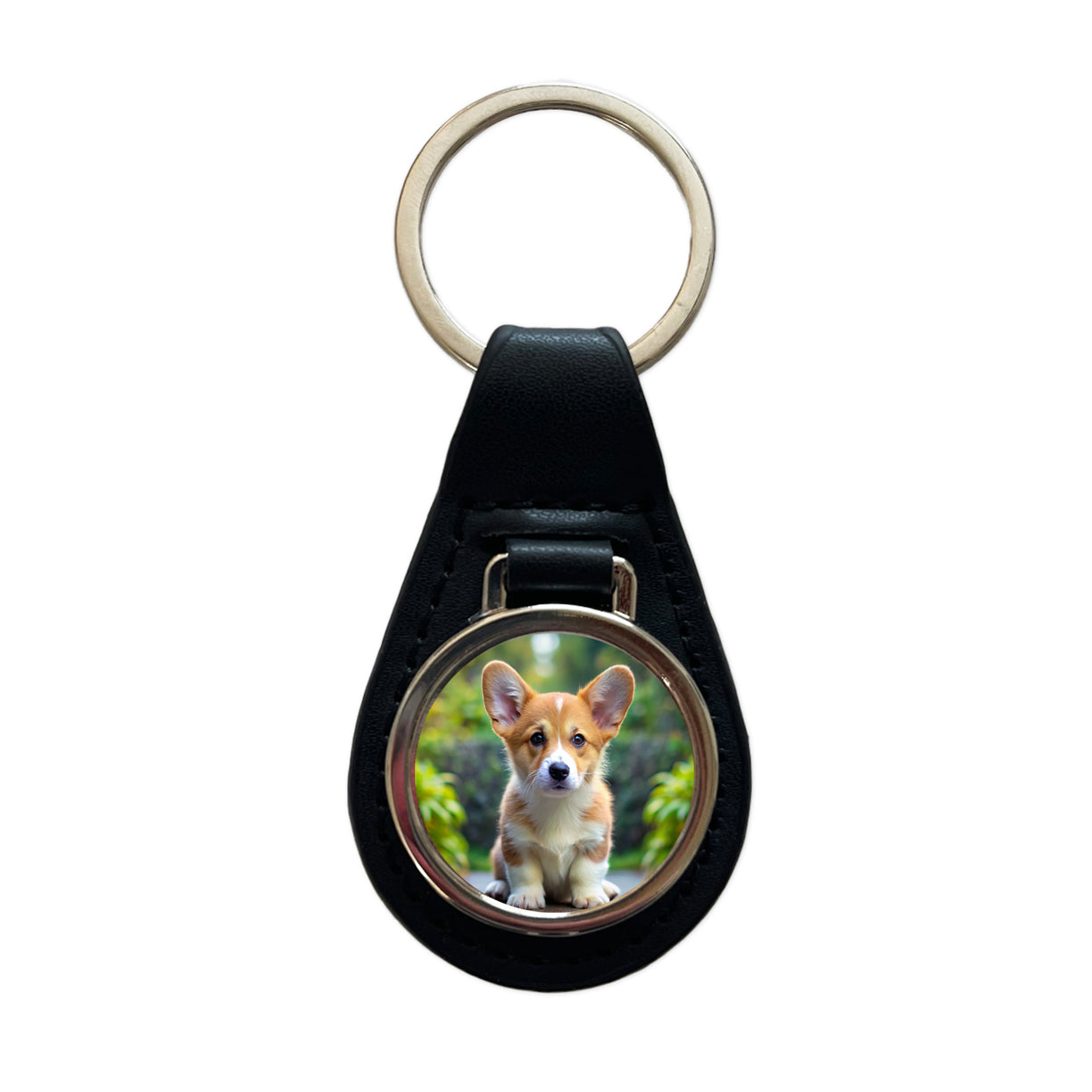 Pembroke Welsh Corgi Dog Puppy Photo Black Leather Metal Keychain