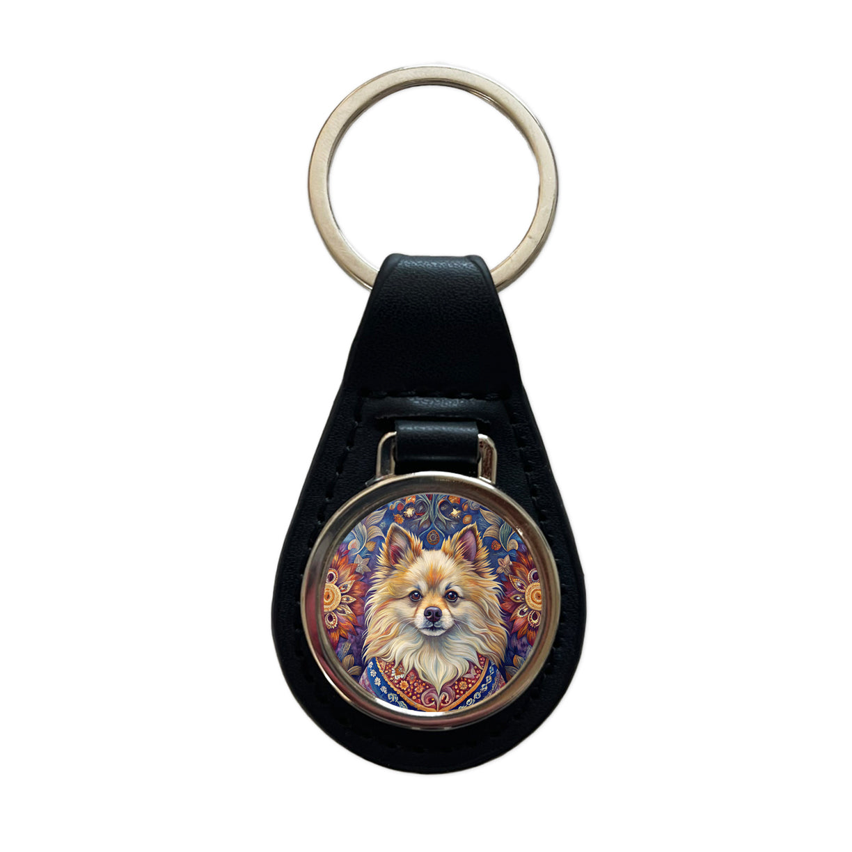 Pomeranian Dog French Bohemian Art Black Leather Metal Keychain