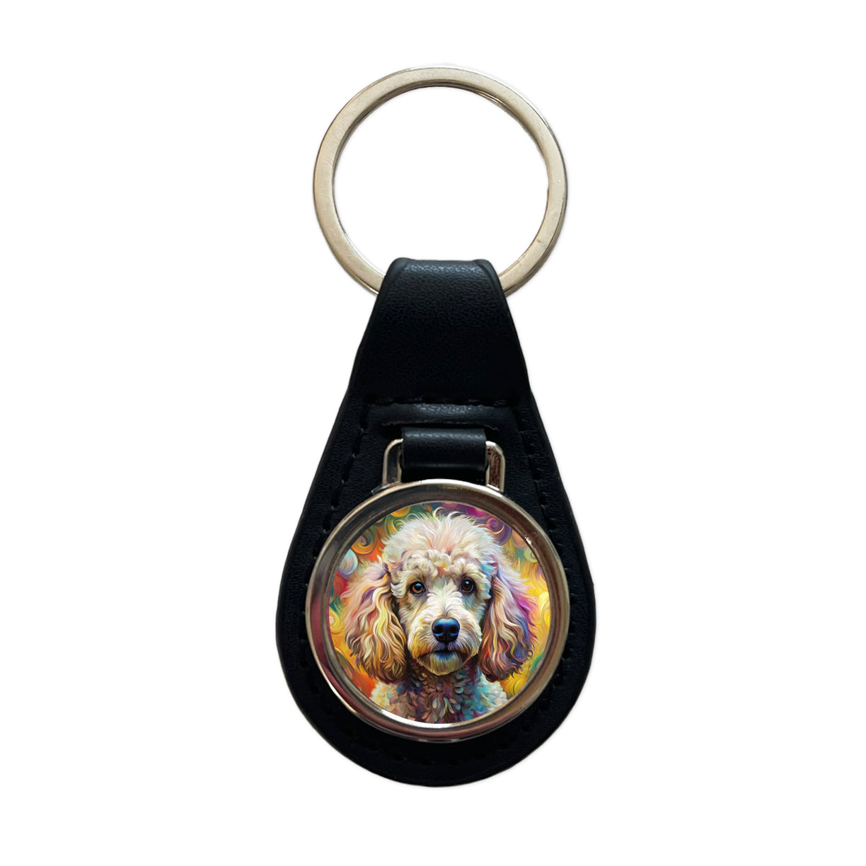 Poodle Dog Abstract Art Black Leather Metal Keychain