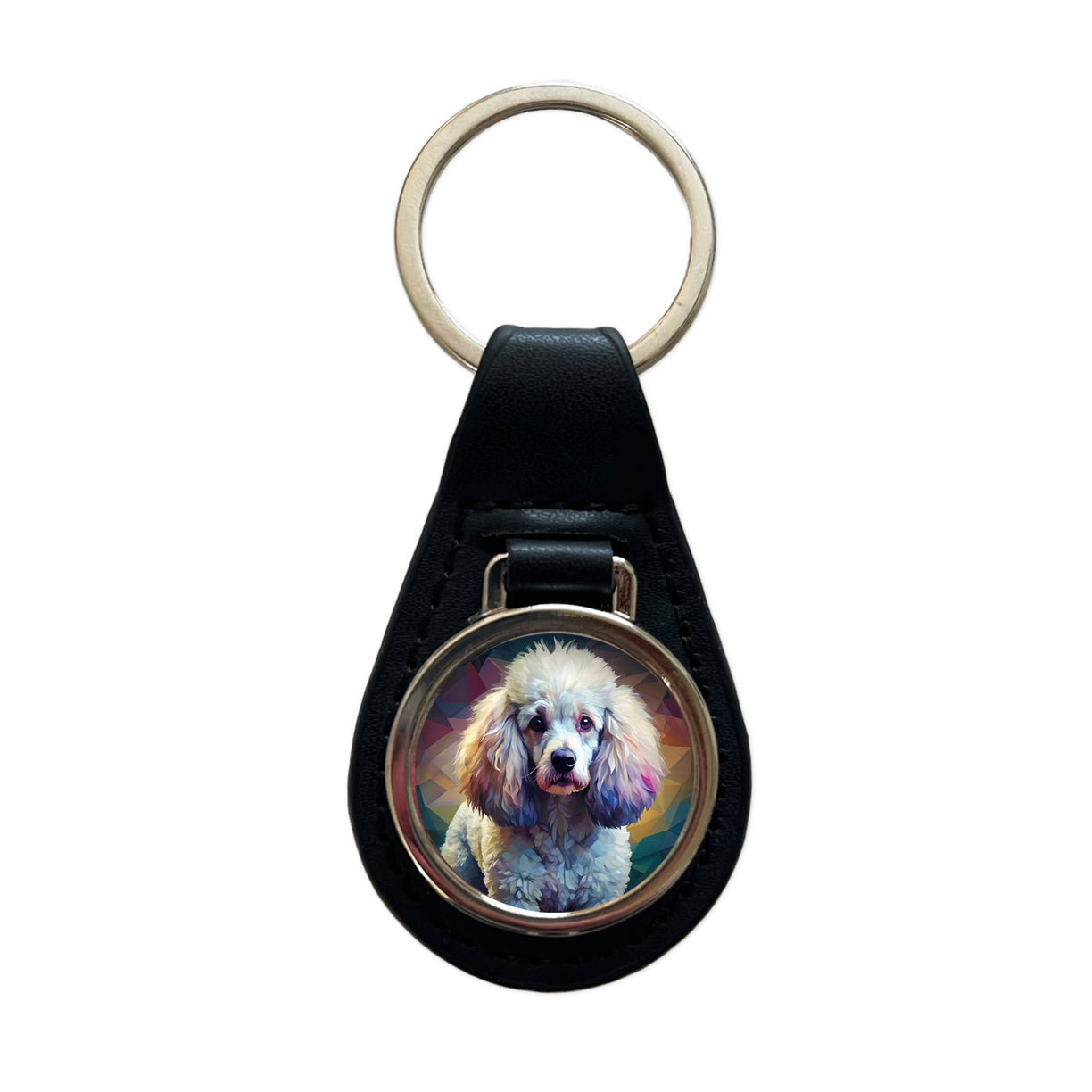Poodle Dog Abstract Stylized Art Black Leather Metal Keychain