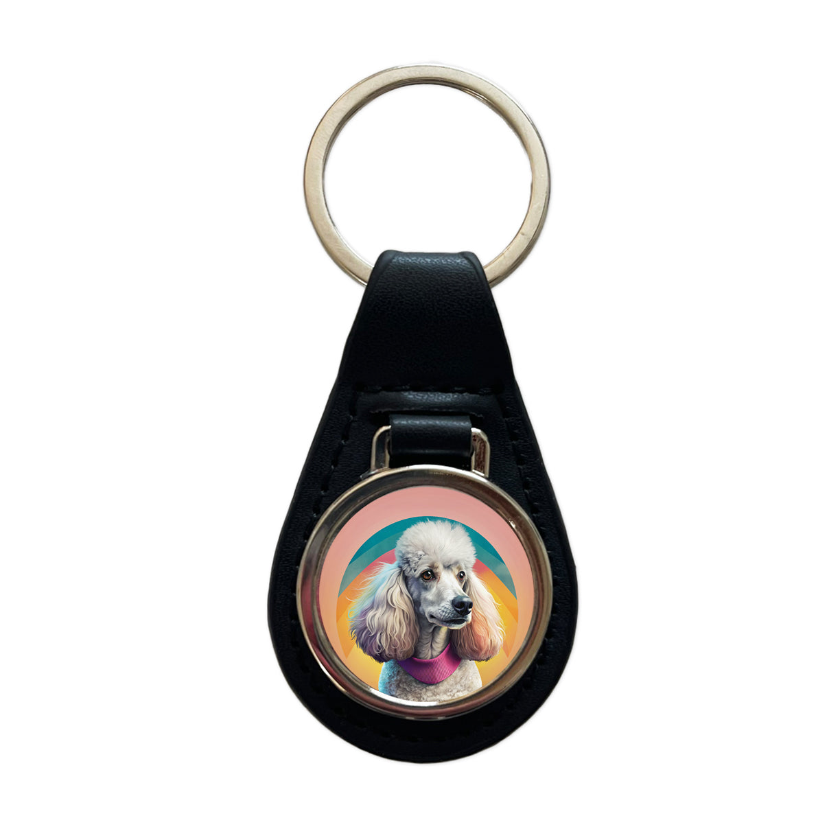 Poodle Dog Contemporary Art Black Leather Metal Keychain