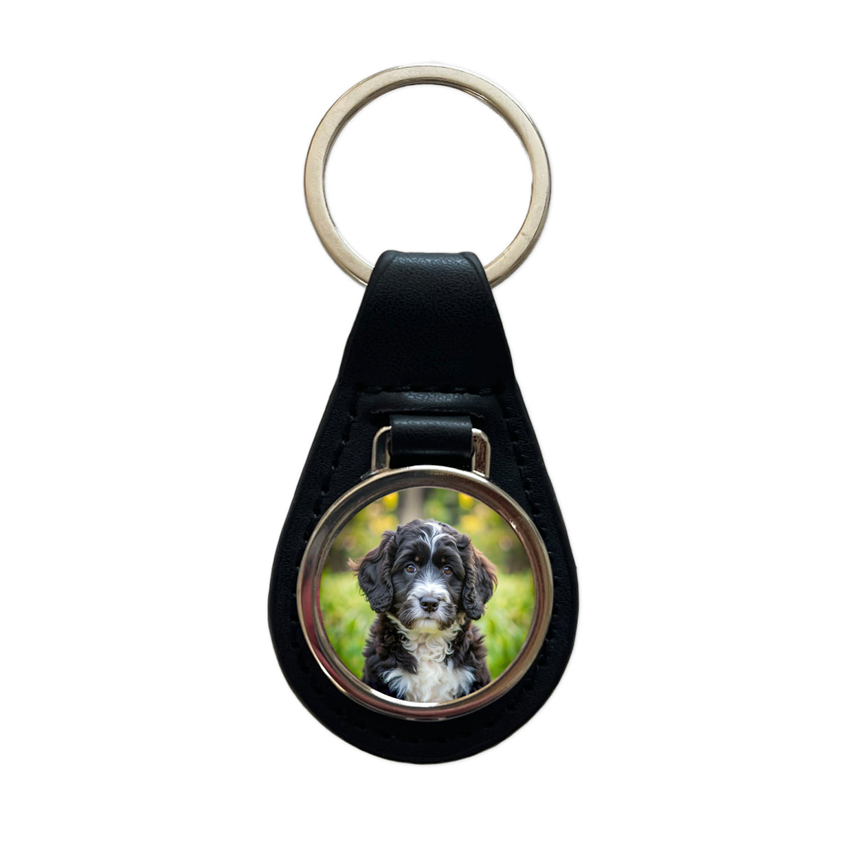 Portuguese Water Dog Puppy Photo Black Leather Metal Keychain