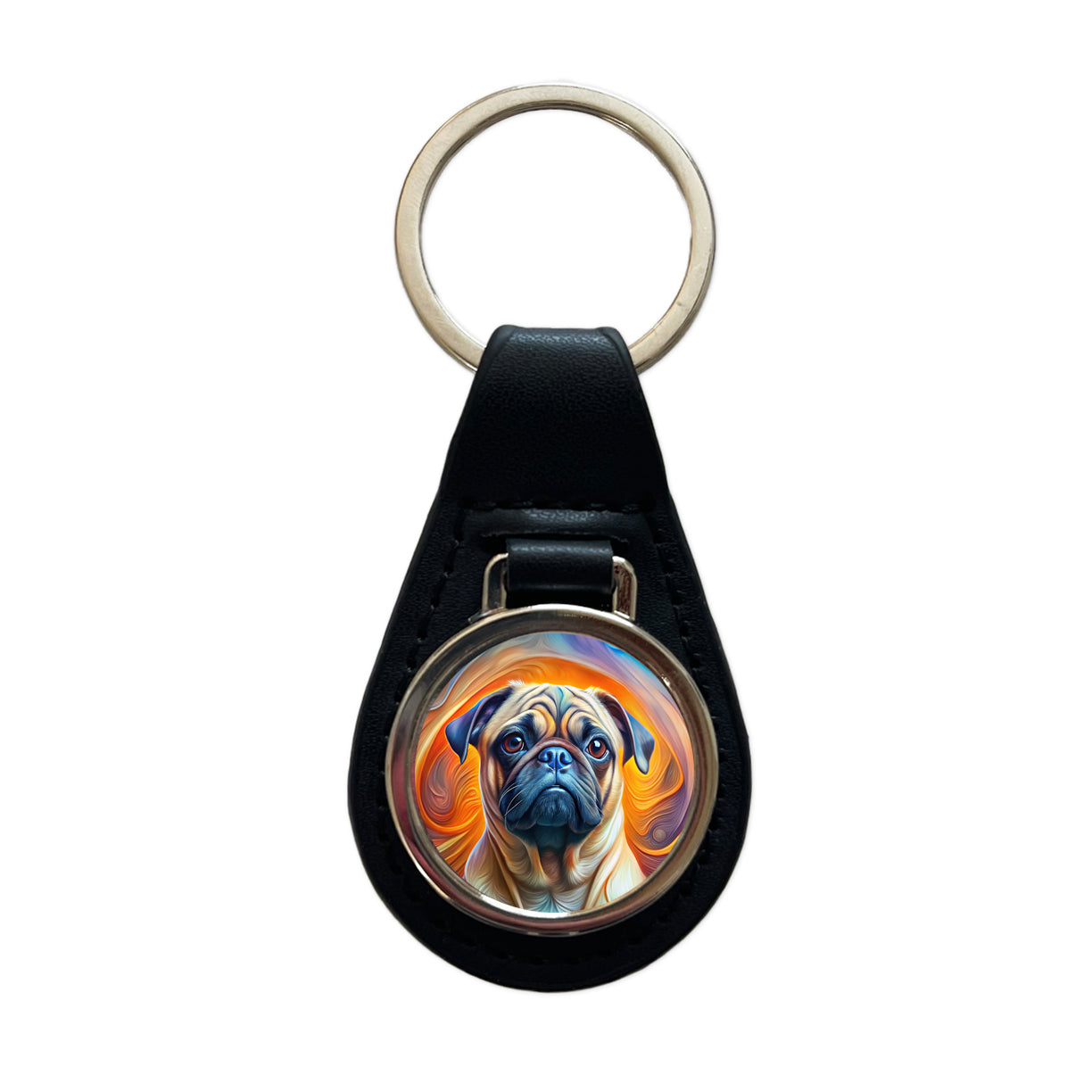 Pug Dog Abstract Art Black Leather Metal Keychain