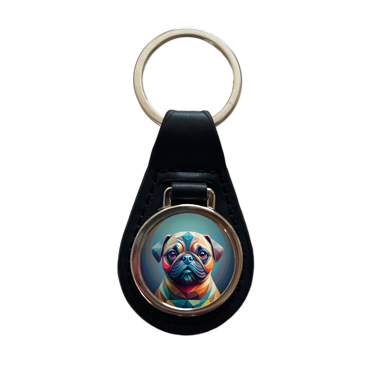 Pug Dog Abstract Stylized Art Black Leather Metal Keychain