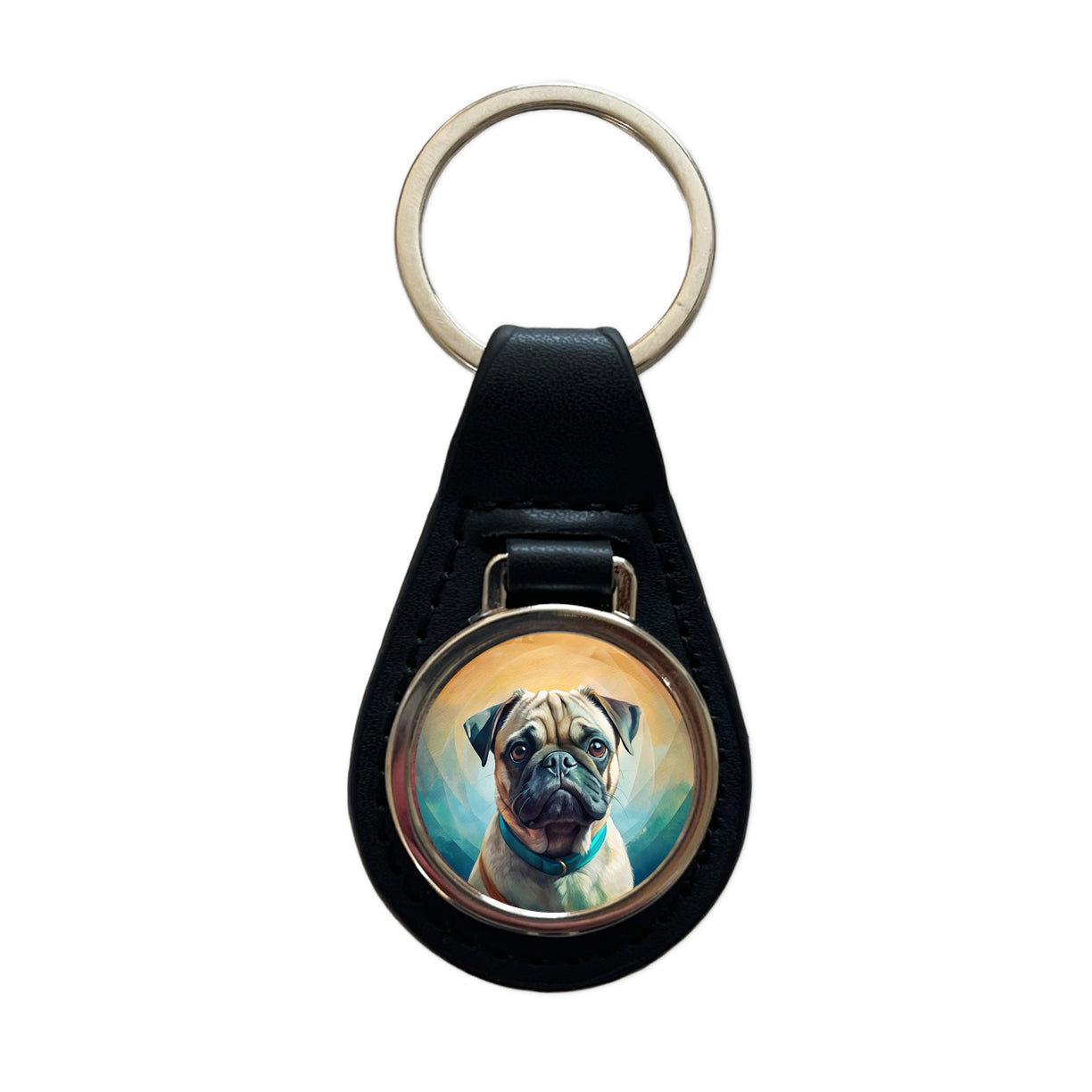 Pug Dog Contemporary Art Black Leather Metal Keychain