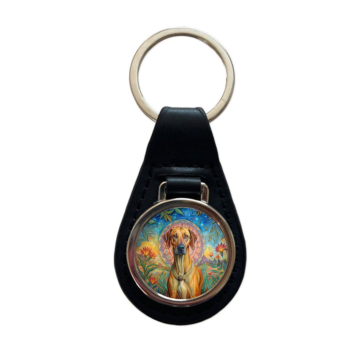 Rhodesian Ridgeback Dog Bohemian Art Black Leather Metal Keychain