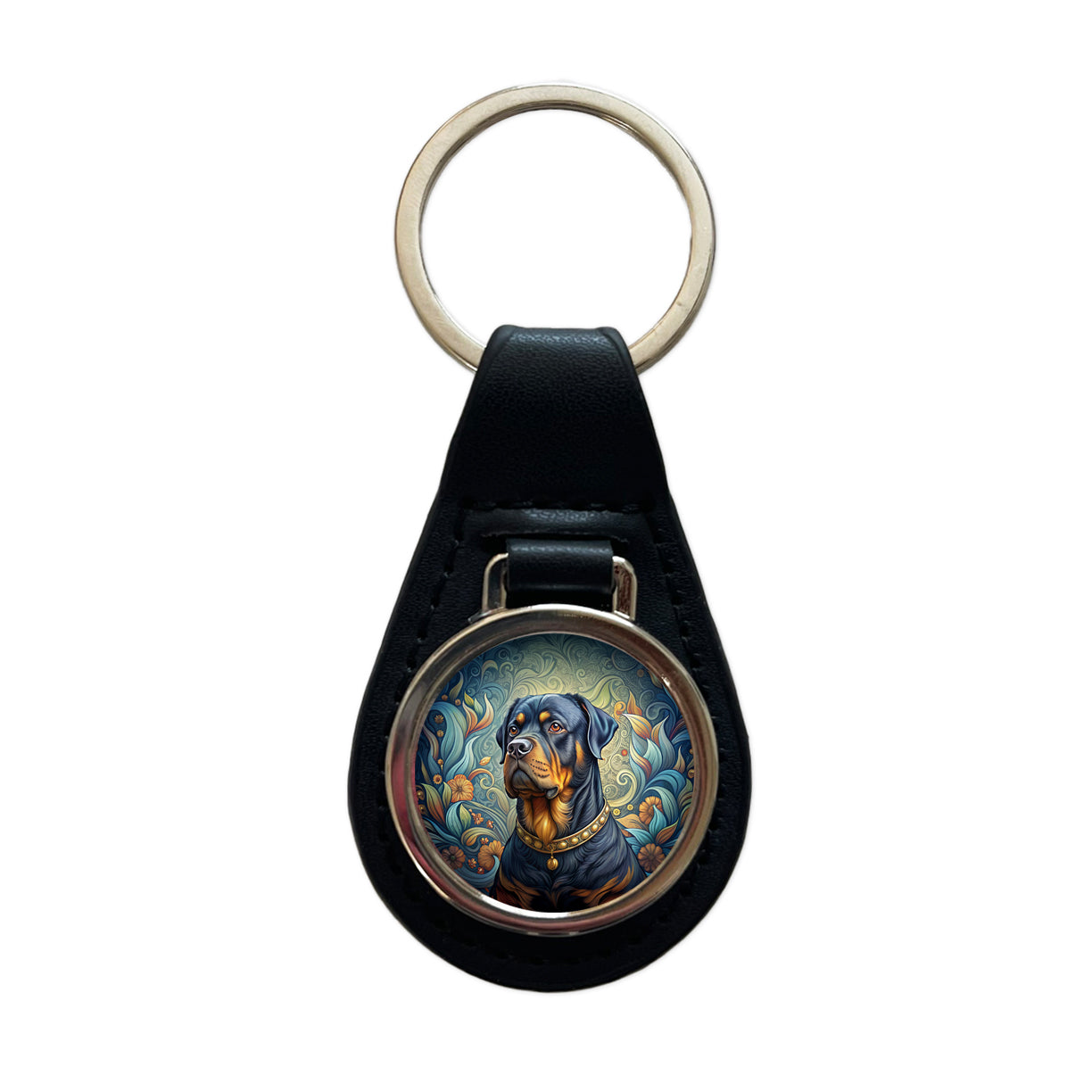 Rottweiler Dog Art Nouveau Black Leather Metal Keychain