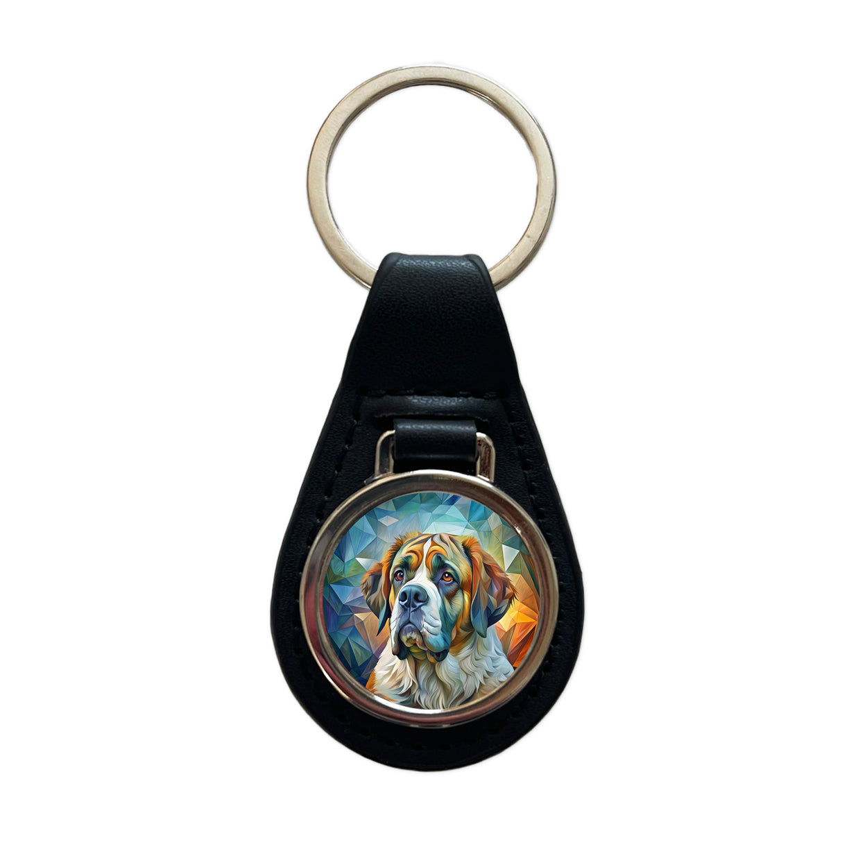 Saint Bernard Dog Abstract Art Black Leather Metal Keychain