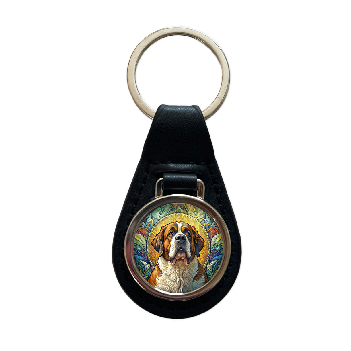 Saint Bernard Dog Art Nouveau Black Leather Metal Keychain