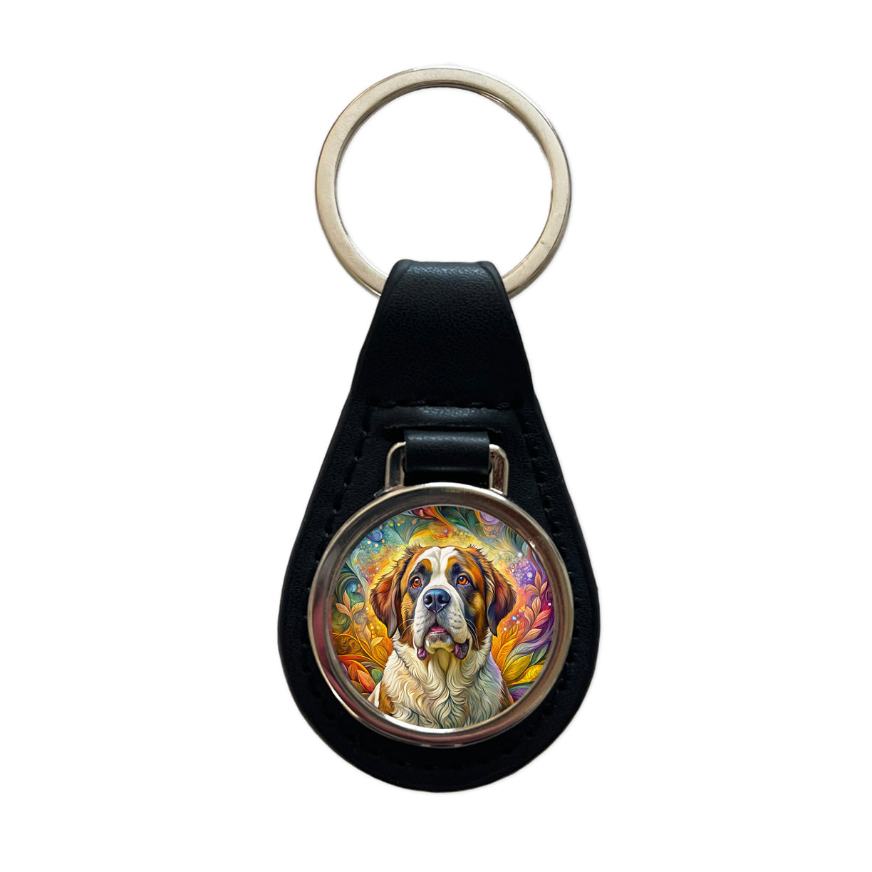 Saint Bernard Dog Bohemian Art Black Leather Metal Keychain