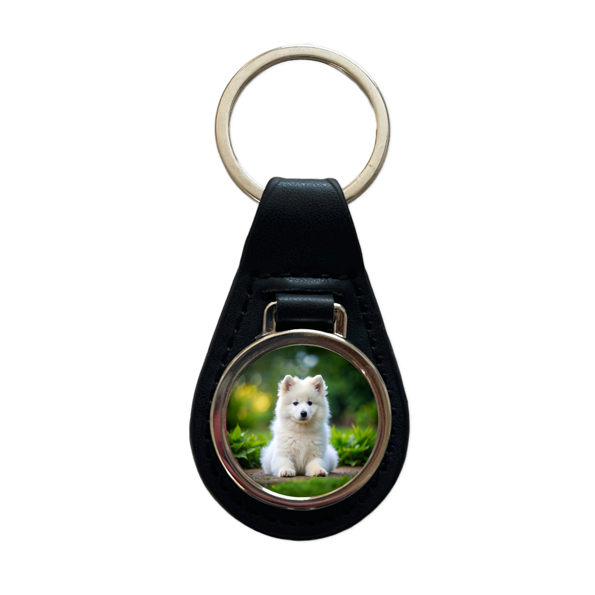 Samoyed Dog Puppy Photo Black Leather Metal Keychain