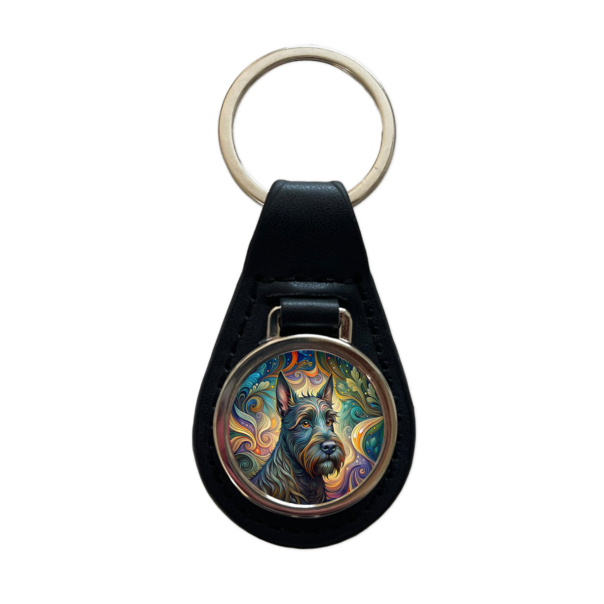 Scottish Terrier Dog Art Nouveau Black Leather Metal Keychain