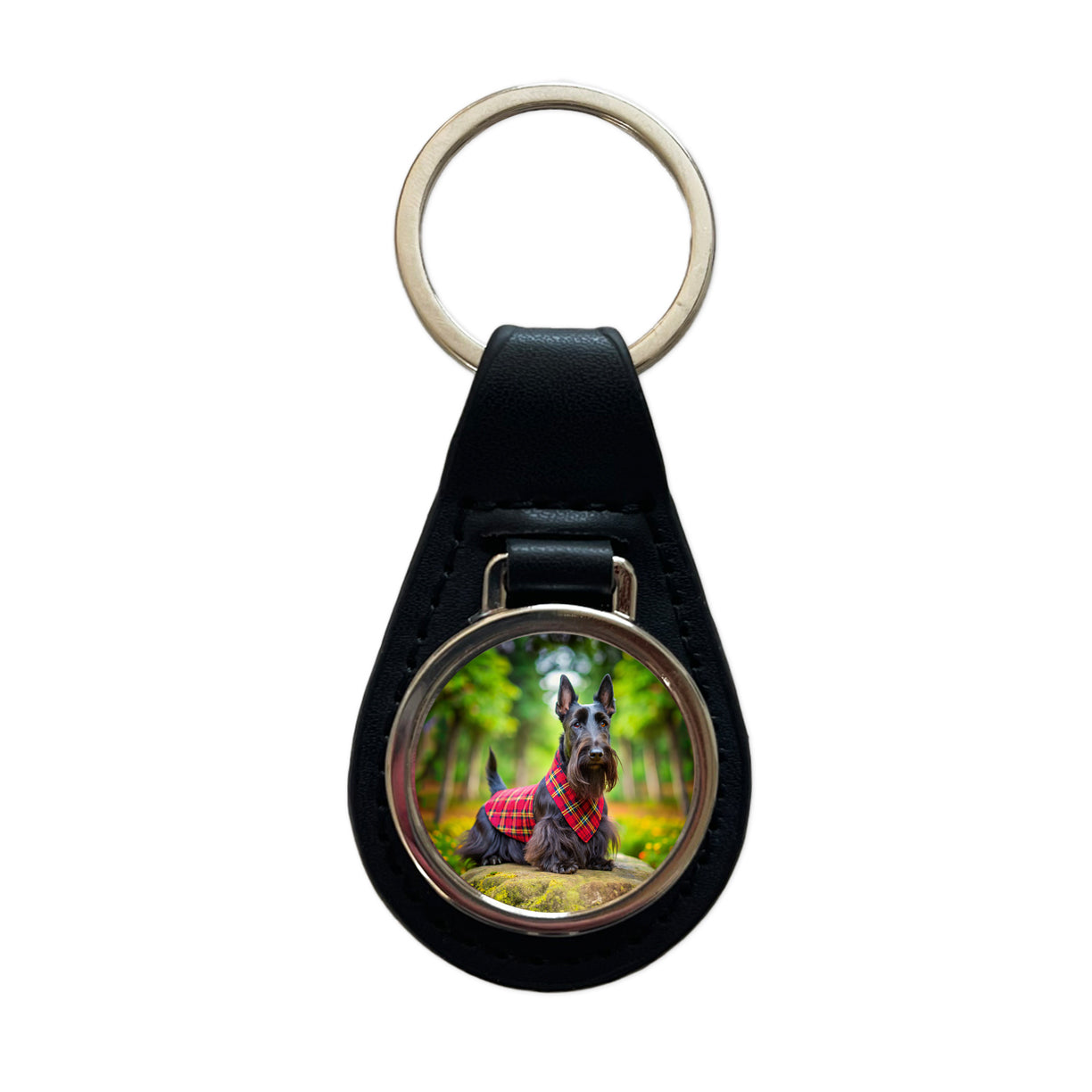 Scottish Terrier Dog Photo Black Leather Metal Keychain